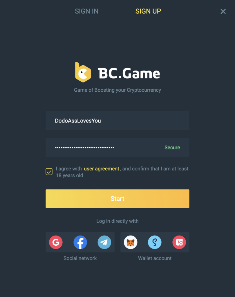 Sign Up In BC.Game Online